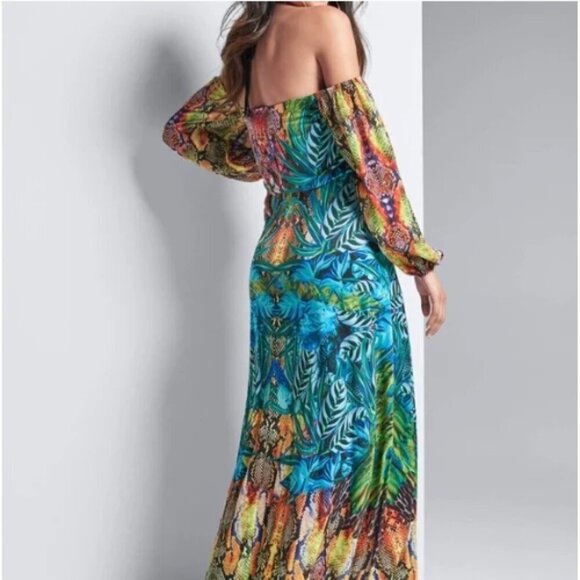 VENUS Maxi Dress Bright Colorful Tropical Print Off Shoulder Boho Flowy Long S - Picture 2 of 15
